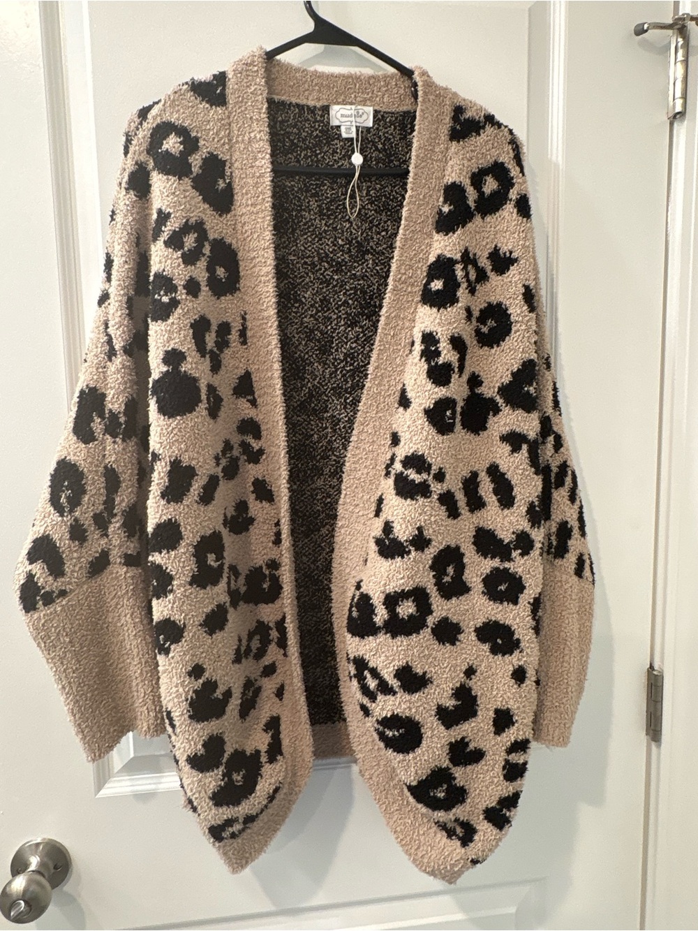 Mud Pie Beige and Black Leopard Fuzzy Open Cardigan